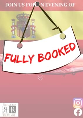 Fully Booked notice overlaying poster for Spanish wine tasting evening